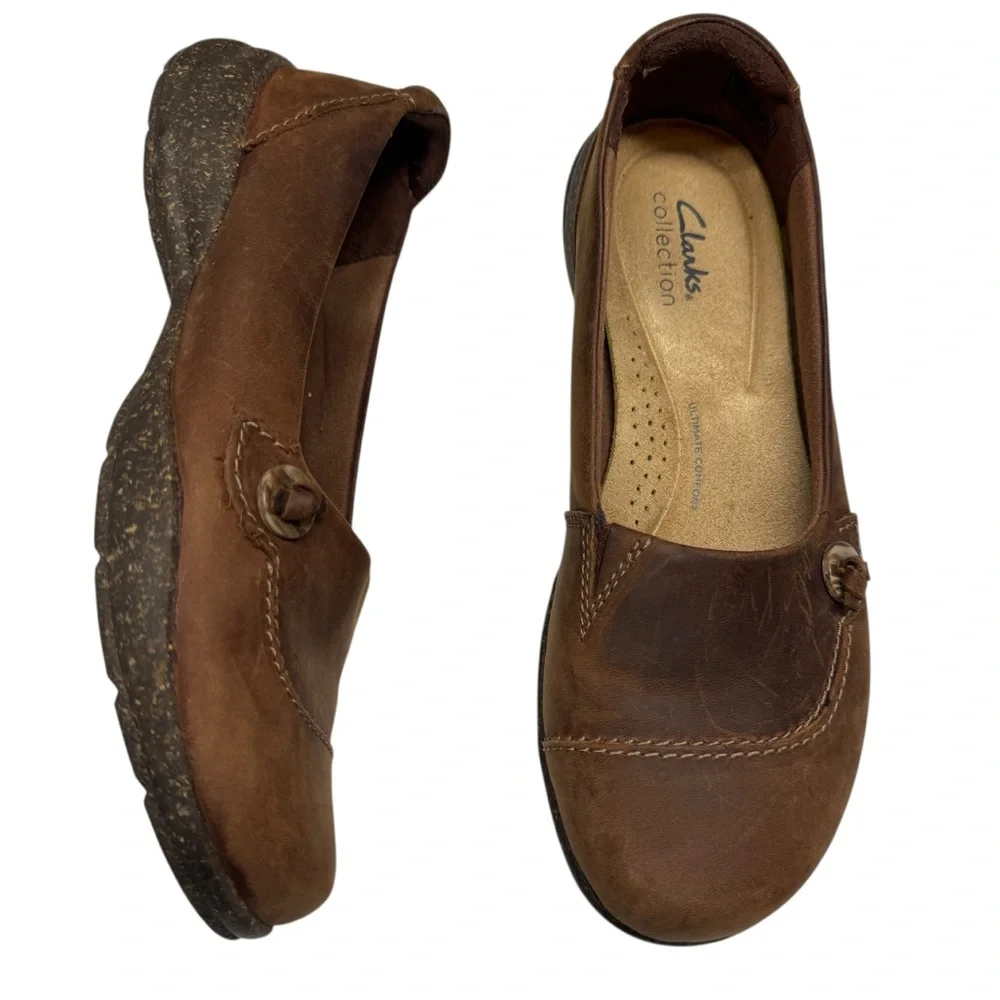 Clarks Roseville Sky Brown Leather Slip-On Loafers Shoes Womens 8 career office - Picture 1 of 15